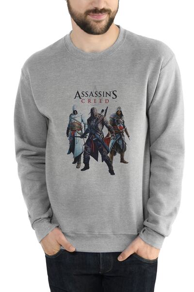 QIVI Assasins Creed Printed Gray Men's Knitted Sweatshirt Long Sleeve
