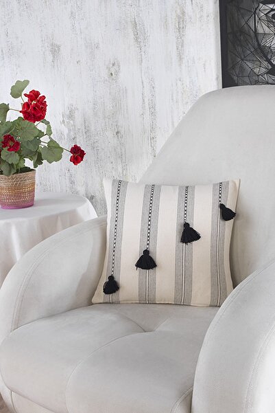 ÖDEL HOME Natural-Black Striped Patterned Fringed 40X40 cm Throw Pillow