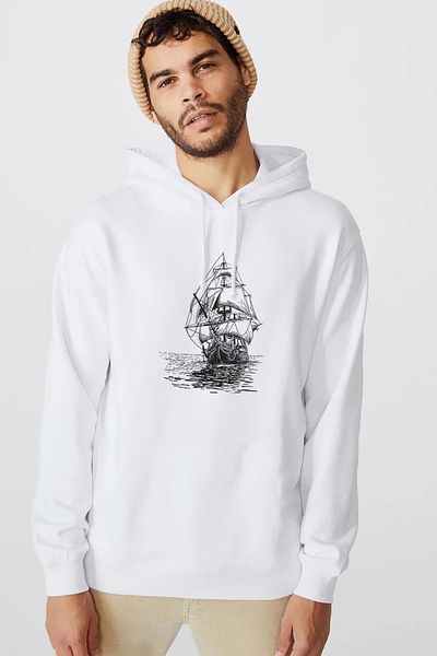 QIVI Flagship Illustration Ιστιοπλοϊκό σκάφος με στυλό με στάμπα λευκό ανδρικό πλεκτό φούτερ με κουκούλα μακρυμάνικο