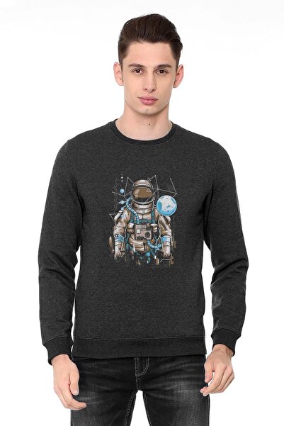 QIVI Astronaut Space Mixed Printed Smoked Anthracite Men's Knitted Sweatshirt...