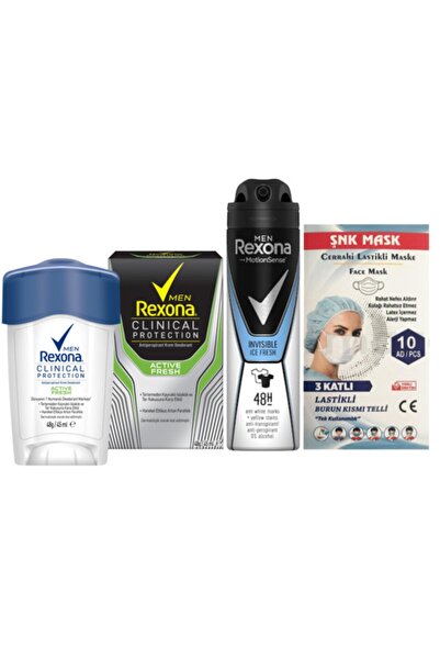 Rexona Clinical Protection Active Fresh 45ml + Men Invisible Ice Fresh Deodorant 150ml + 10'lu Maske