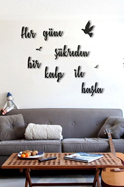 NT Handmade Siyah Ahşap Her Güne Şükreden Bir Kalp Ile Başla Duvar Dekoru Salon Oturma Yatak Odası 60x60 Tablo