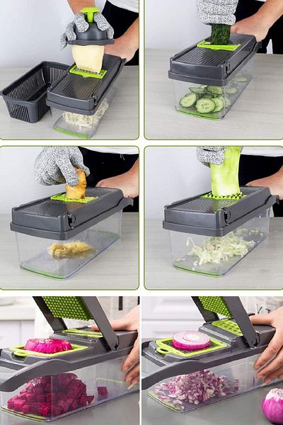 Tilbe Home Multifunctional Grating Chopper 7 Blades with Reservoir Vegetable Chopper Dicer Slicer Cutter Set