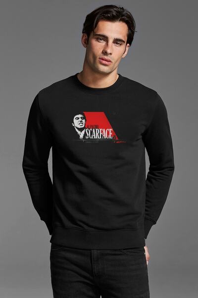 QIVI قميص من النوع الثقيل محبوك أسود للرجال مطبوع عليه سكارفيس من ألباتشينو بأكمام طويلة