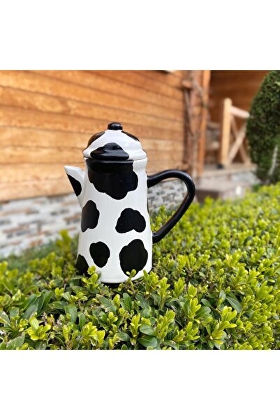 Handmadesign Kapaklı El Yapımı Seramik Sürahi Inek Desenli Siyah Beyaz Benekli