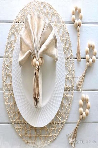 Emtory Home Δαχτυλίδι χαρτοπετσέτας 6 τεμαχίων από φυσικό ξύλο με χάντρες με φούντες