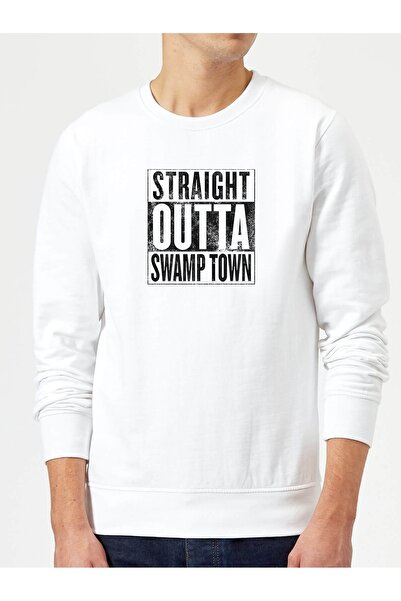 QIVI Men's White Pubg Straight Outta Swamp Town Printed Knitted Long Sleeve S...