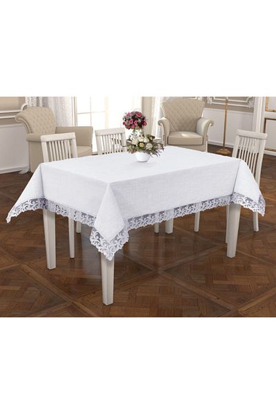 Çeyiz Bahçesi Față de masă albă cu dantelă franceză Ivy 160&240