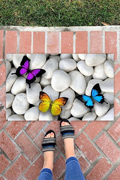 Buket Home سجادة أمامية للباب متعددة الأغراض للديكور الداخلي والخارجي على شكل فراشة حجرية