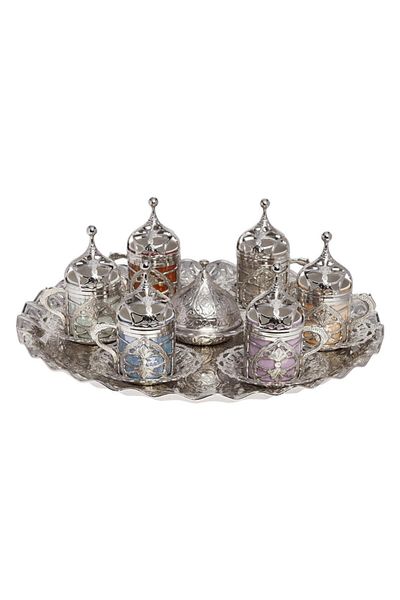 BAZAAR 4 طقم قهوة تركية عثمانية حريم سلطان 6 أكواب ملونة - لون فضي Crst116