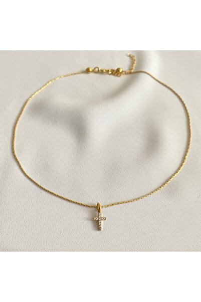 Okkostore Kadın Gold Renkli Mini Taşlı Haç Kolye