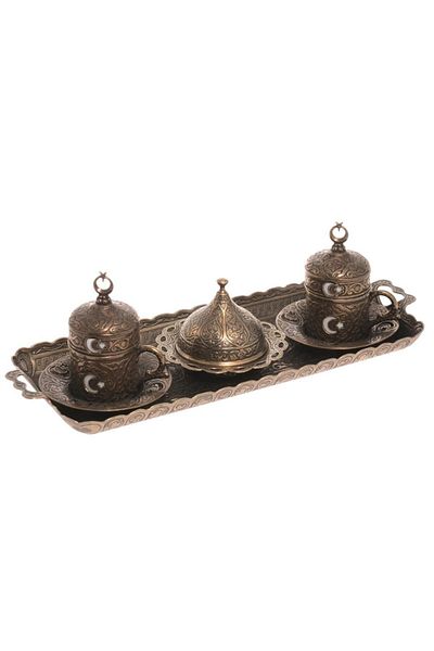BAZAAR 4 Ottoman Crescent Star Motif Turkish Coffee Set for 2 People - Antique Yellow Crst162