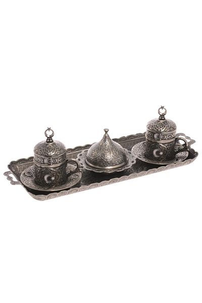 BAZAAR 4 Ottoman Crescent Star Motif Turkish Coffee Set for 2 People - Pewter White Crst162
