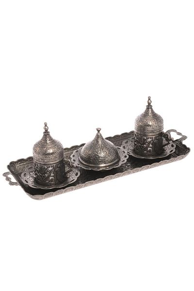 BAZAAR 4 Ottoman Tulip Turkish Coffee Set for 2 People - Pewter White Crst160