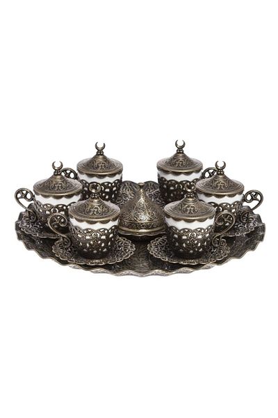 BAZAAR 4 طقم أكواب نسكافيه بزخارف عثمانية لـ 6 أشخاص باللون الأصفر العتيق Crst210
