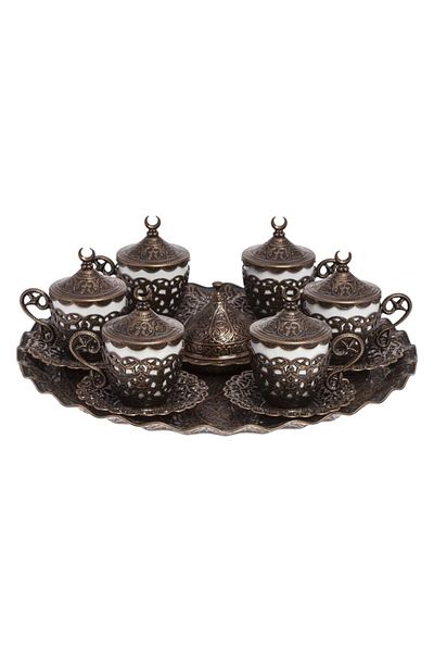 BAZAAR 4 طقم أكواب نسكافيه بزخارف عثمانية 6 أشخاص نحاس عتيق Crst210