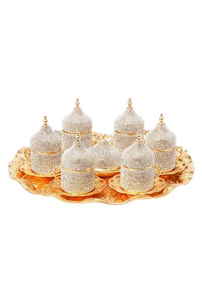 BAZAAR 4 مجموعة تقديم القهوة التركية المرصعة بالأحجار تتسع لـ 6 أشخاص - أصفر Crst500