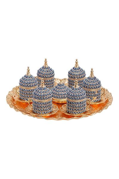 BAZAAR 4 مجموعة تقديم القهوة التركية مع خرز عين الشر تتسع لـ 6 أشخاص - أصفر Crst504