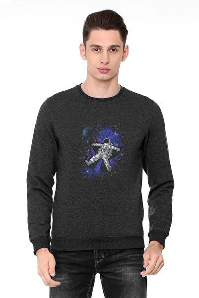QIVI Nasa Astronaut Printed Smoked Anthracite Men's Knitted Sweatshirt Long S...