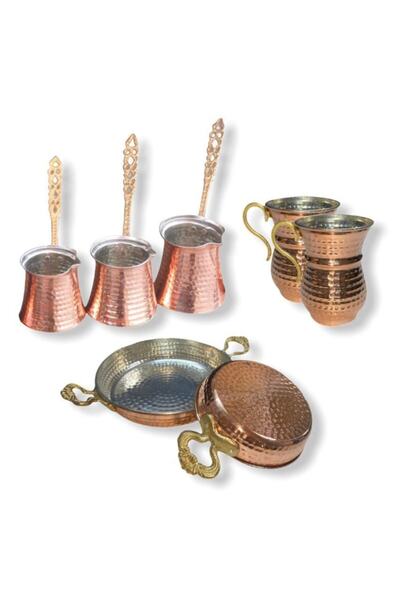 Essen Ticaret 7'li Bakır Seti - 3'lü Cezve, 2'li Sahan, 2'li Bakır Ayran Bard...