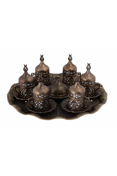 BAZAAR 4 طقم قهوة تركية بتصميم توليب عثماني لـ 6 أشخاص - أصفر عتيق -crst108