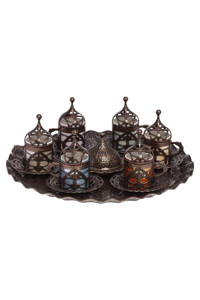 BAZAAR 4 طقم قهوة تركية عثمانية حريم سلطان 6 أكواب ملونة - نحاس عتيق Crst116
