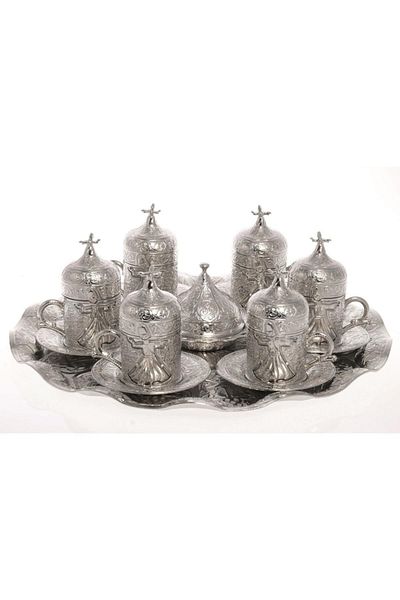 BAZAAR 4 طقم قهوة تركية بتصميم دوامي يتسع لـ 6 أشخاص - لون فضي Crst106