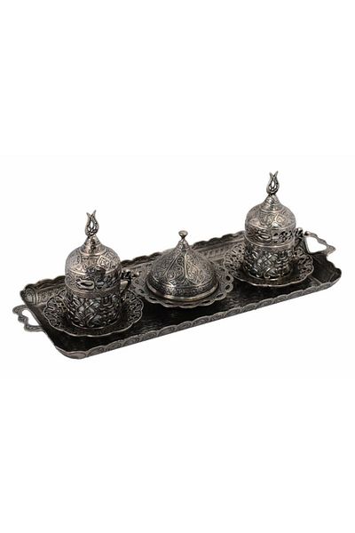 BAZAAR 4 Ottoman Tulip Motif Turkish Coffee Set for 2 People - Pewter White Crst168