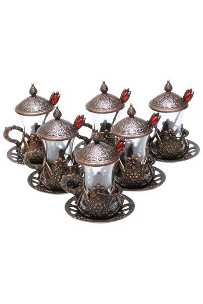 BAZAAR 4 Ottoman Motif Tea Presentation Set with Spoon - Antique Copper Crst764