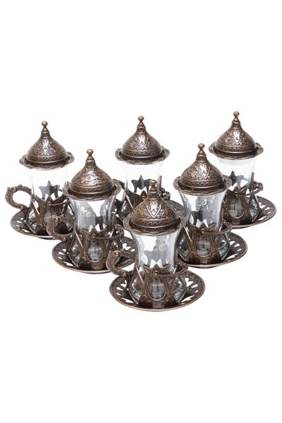 BAZAAR 4 طقم عرض شاي كوسيم بزخارف عثمانية - نحاس عتيق Crst760