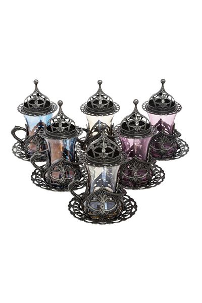 BAZAAR 4 طقم عرض شاي Hürrem ملون بزخارف عثمانية - بيوتر Crst768