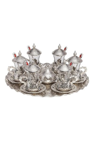 BAZAAR 4 طقم عرض شاي بزخارف عثمانية مع ملعقة - أبيض Crst704