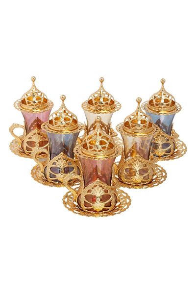 BAZAAR 4 Hürrem Colored Tea Presentation Set with Ottoman Motif - Yellow Crst768