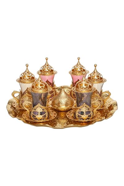 BAZAAR 4 طقم عرض شاي Hürrem ملون بزخارف عثمانية - أصفر Crst708