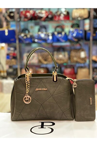 Pandora Bags مجموعة حقيبة ومحفظة من جلد نوبوك باللون الكاكي