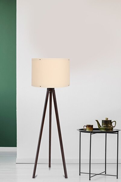 FullHouse Tripod Mdf Ayaklı Lüx Lambader - Yuvarlak Başlık Krem - Kahve Ayak