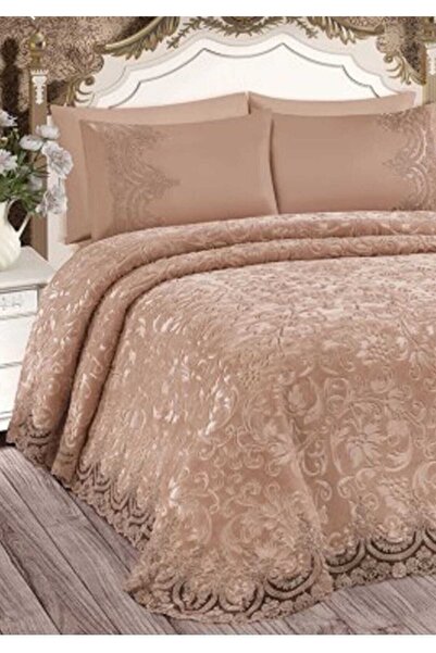 SAHRA HOME Kahverengi Colllection Fransız Güpürlü Yatak Örtüsü Seti