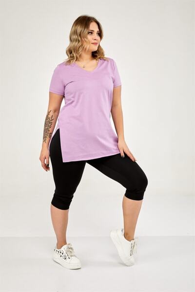 Seamoda Women's Lilac V-Neck Slit Basic T-shirt