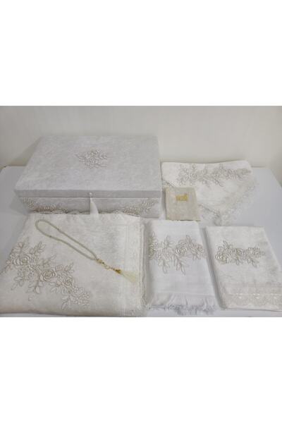 Lamazihome Kadife Krem Damat Fransız Güpür Sandıklı Seccade Takımı Bohça Seti...