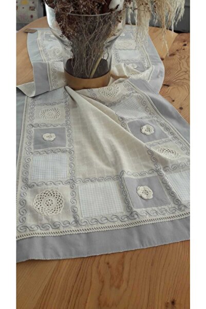 Bohemian Mavi El Işi Patchwork Dantelli Naturel Runner