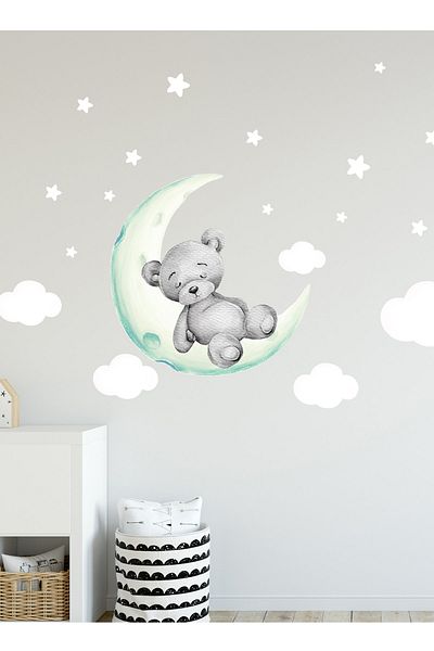 Sim Tasarım Cute Gray Sleepy Bear Wall Sticker Set Colorful