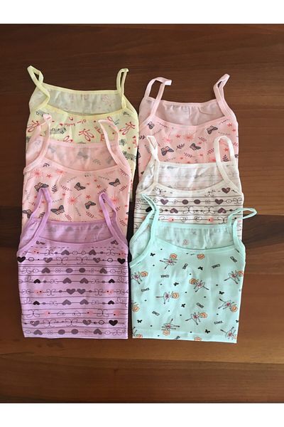 LEYNA BUTİK Girl's Printed Rope Strap Undershirt 6 Pack