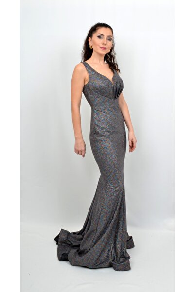 ALİS DRESS Kadın Gümüş Çok Renkli Simli Volanlı Abiye