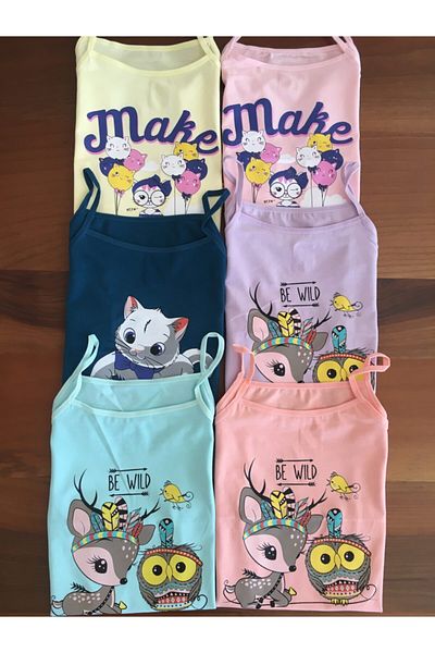 LEYNA BUTİK Girl's Printed Rope Strap Undershirt 6 Pack