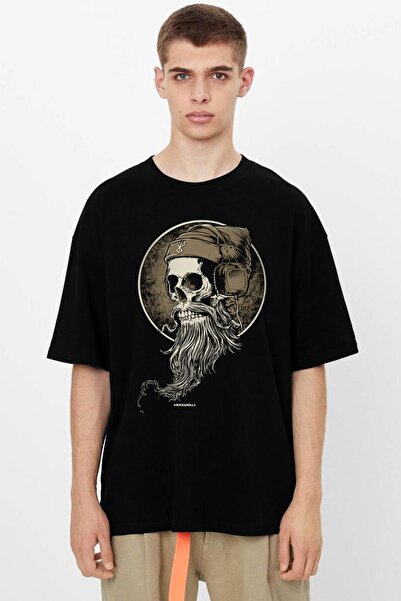 ROCKANDROLL Tricou cu mânecă scurtă oversize pentru bărbați cu craniu cu barb...
