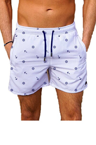 Miami Beach Мъжки бели водоотблъскващи бански шорти за басейн с дигитален печат