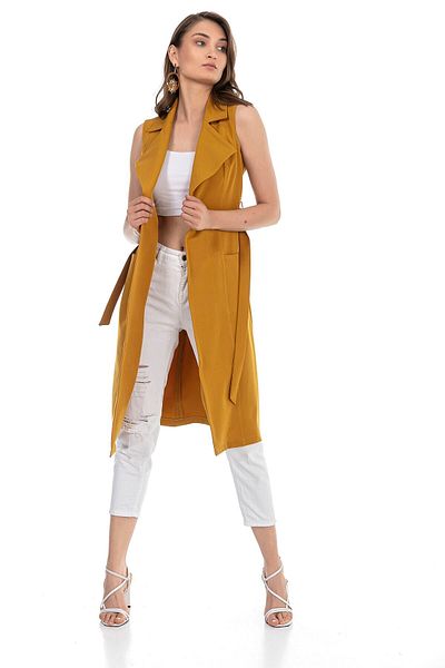 DISENTIS MODEST Mustard Midi Vest - Classic Collar, Pockets and Belted