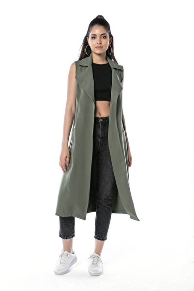 DISENTIS MODEST Хаки жилетка с класическа яка, джобове и колан