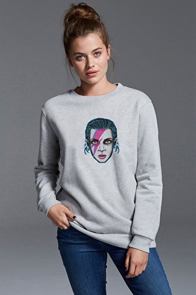 QIVI Stranger Things The Bitchin Printed Gray Women's Knitted Sweatshirt Long...