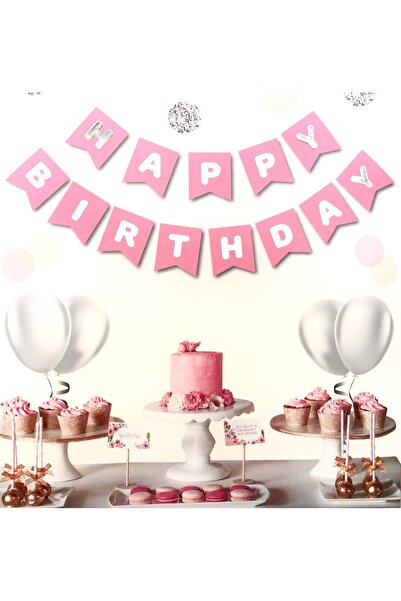 Huzur Party Store Pembe Üstüne Gümüş Gri Yaldızlı Happy Birthday Yazılı Doğum...
